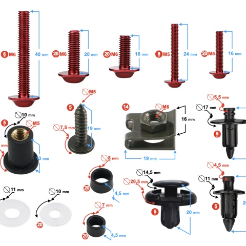 Śruby owiewek uniwersalne aluminiowe czerwone
