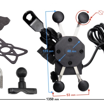 Uchwyt motocyklowy na telefon z USB, 2 mocowania