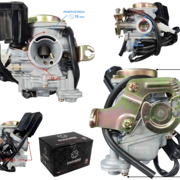 Gaźnik Moretti GY6, 50cc 4T, p.18 mm, ssanie automatyczne, metalowa pokrywa