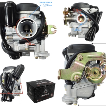 Gaźnik Moretti GY6, 50cc 4T, p.18 mm, ssanie automatyczne, plastikowa pokrywa