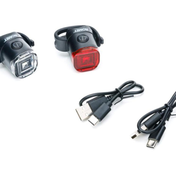 Zestaw lamp rowerowych przód+tyl  1 LED  zasilanych akumulatorem 3,7V/220 mAh.